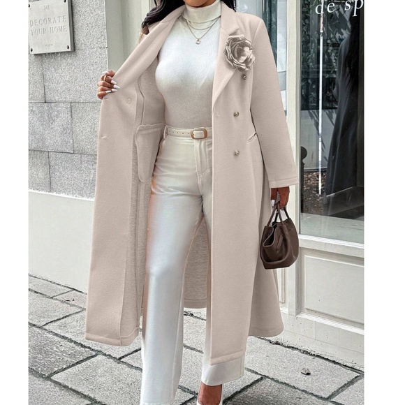 Classic Solid Double Button Floral Appliqué Mid Length Jacket Coat - Picture 3 of 13